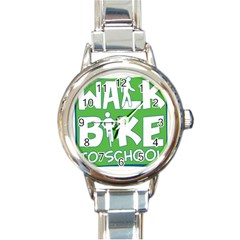 Bicycle Walk Bike School Sign Green Blue Round Italian Charm Watch