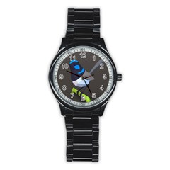 Animals Bird Green Ngray Black White Blue Stainless Steel Round Watch by Alisyart