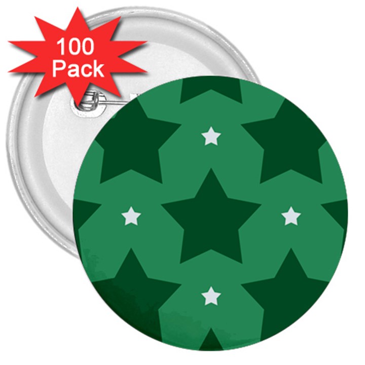 Green White Star 3  Buttons (100 pack) 