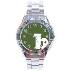 Square Alphabet Green White Sign Stainless Steel Analogue Watch