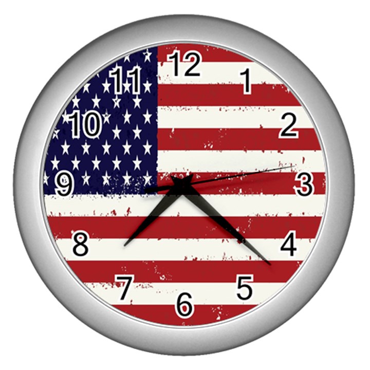 Flag United States United States Of America Stripes Red White Wall Clocks (Silver) 