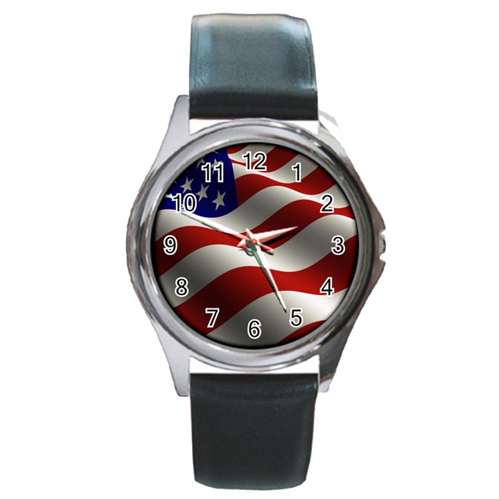 Flag United States Stars Stripes Symbol Round Metal Watch