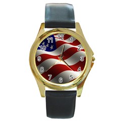 Flag United States Stars Stripes Symbol Round Gold Metal Watch by Simbadda