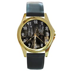 New York United States Of America Night Top View Round Gold Metal Watch