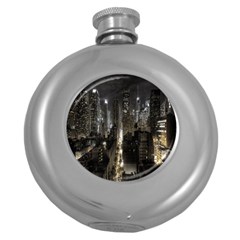 New York United States Of America Night Top View Round Hip Flask (5 Oz) by Simbadda