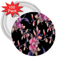 Neon Flowers Black Background 3  Buttons (100 Pack)  by Simbadda