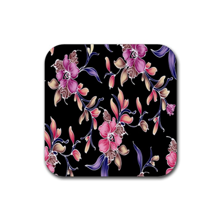 Neon Flowers Black Background Rubber Coaster (Square) 