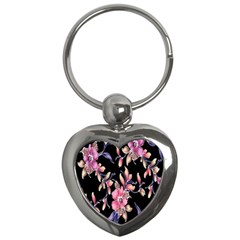 Neon Flowers Black Background Key Chains (heart)  by Simbadda