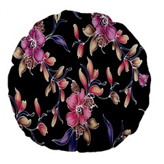 Neon Flowers Black Background Large 18  Premium Flano Round Cushions by Simbadda
