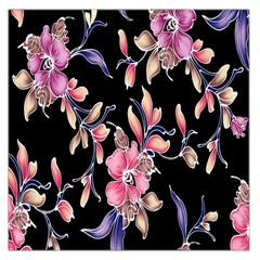 Neon Flowers Black Background Large Satin Scarf (square)