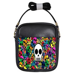 Skull Background Bright Multi Colored Girls Sling Bags by Simbadda