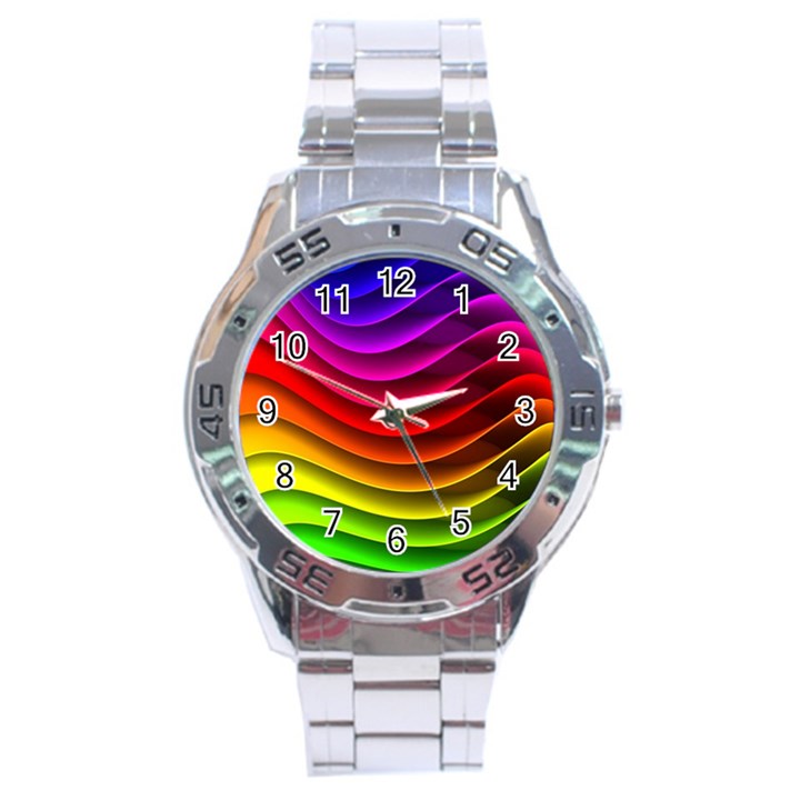 Spectrum Rainbow Background Surface Stripes Texture Waves Stainless Steel Analogue Watch