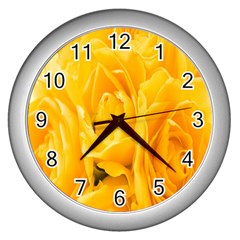 Yellow Neon Flowers Wall Clocks (silver) 