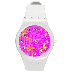 Spring Tropical Floral Palm Bird Round Plastic Sport Watch (m) by Simbadda