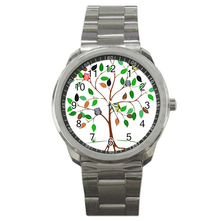 Tree Root Leaves Owls Green Brown Sport Metal Watch