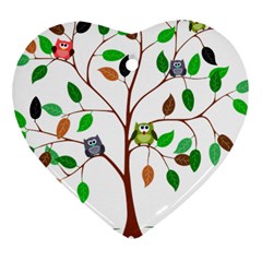 Tree Root Leaves Owls Green Brown Heart Ornament (two Sides) by Simbadda
