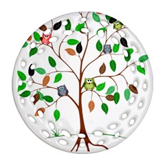 Tree Root Leaves Owls Green Brown Ornament (round Filigree) by Simbadda