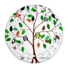 Tree Root Leaves Owls Green Brown Round Filigree Ornament (two Sides)