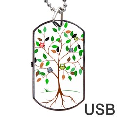 Tree Root Leaves Owls Green Brown Dog Tag Usb Flash (two Sides) by Simbadda