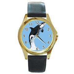 Whale Animals Sea Beach Blue Jump Illustrations Round Gold Metal Watch by Alisyart