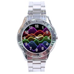 Twizzling Brain Waves Neon Wave Rainbow Color Pink Red Yellow Green Purple Blue Black Stainless Steel Analogue Watch by Alisyart