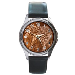 Elephant Aztec Wood Tekture Round Metal Watch