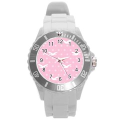 Wallpaper Same Palette Pink Star Bird Animals Round Plastic Sport Watch (l)