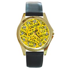 Caution Road Sign Cross Yellow Round Gold Metal Watch