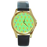 Flower Floral Different Colours Green Orange Round Gold Metal Watch Front
