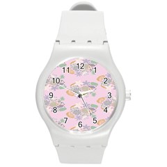 Floral Flower Rose Sunflower Star Leaf Pink Green Blue Round Plastic Sport Watch (m)