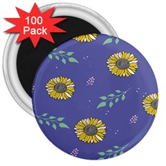 Floral Flower Rose Sunflower Star Leaf Pink Green Blue Yelllow 3  Magnets (100 Pack)