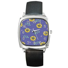 Floral Flower Rose Sunflower Star Leaf Pink Green Blue Yelllow Square Metal Watch by Alisyart