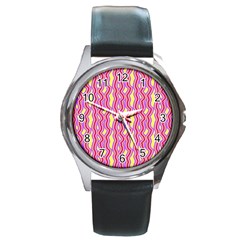 Pink Yelllow Line Light Purple Vertical Round Metal Watch