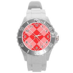 Plaid Triangle Line Wave Chevron Red White Beauty Argyle Round Plastic Sport Watch (l)