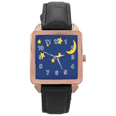 Starry Star Night Moon Blue Sky Light Yellow Rose Gold Leather Watch 