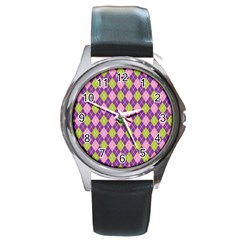 Plaid Triangle Line Wave Chevron Green Purple Grey Beauty Argyle Round Metal Watch by Alisyart