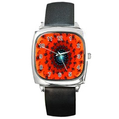 Red Fractal Spiral Square Metal Watch by Simbadda