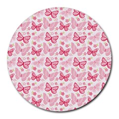 Cute Pink Flowers And Butterflies Pattern  Round Mousepads by TastefulDesigns