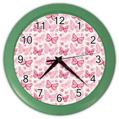 Cute Pink Flowers And Butterflies Pattern  Color Wall Clocks by TastefulDesigns