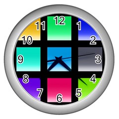 Colorful Background Squares Wall Clocks (silver) 