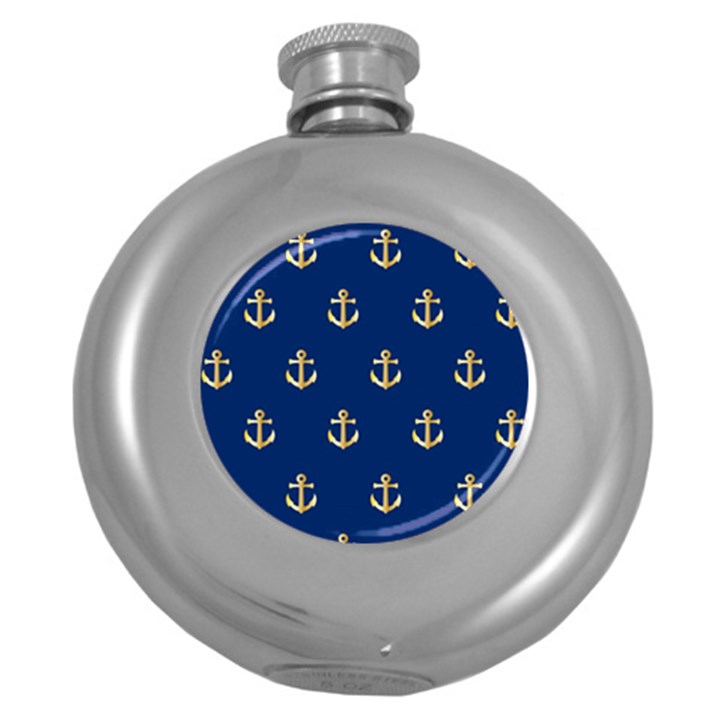 Gold Anchors On Blue Background Pattern Round Hip Flask (5 oz)