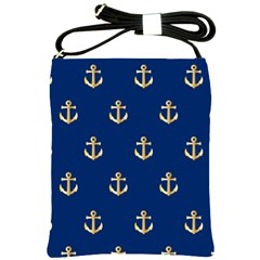 Gold Anchors On Blue Background Pattern Shoulder Sling Bags by Simbadda