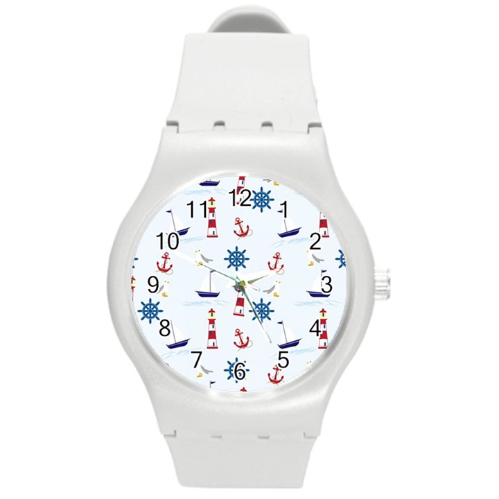 Seaside Nautical Themed Pattern Seamless Wallpaper Background Round Plastic Sport Watch (M)