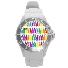 Rainbow Colorful Cats Wallpaper Pattern Round Plastic Sport Watch (l) by Simbadda