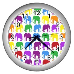 Rainbow Colors Bright Colorful Elephants Wallpaper Background Wall Clocks (silver) 