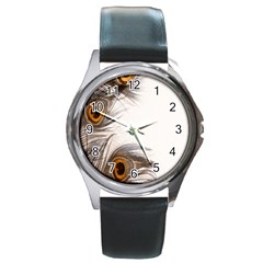 Peacock Feathery Background Round Metal Watch by Simbadda