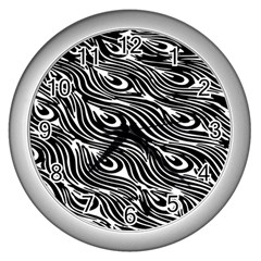 Digitally Created Peacock Feather Pattern In Black And White Wall Clocks (silver) 