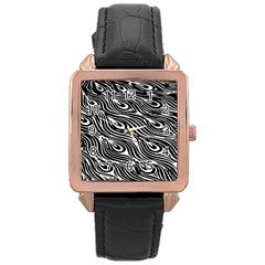 Digitally Created Peacock Feather Pattern In Black And White Rose Gold Leather Watch  by Simbadda