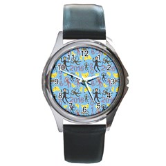 Cute Monkeys Seamless Pattern Round Metal Watch