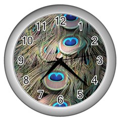 Colorful Peacock Feathers Background Wall Clocks (silver) 